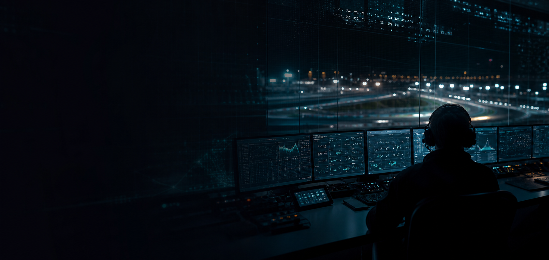 Cinematic endurance racing operations room overlooking the circuit